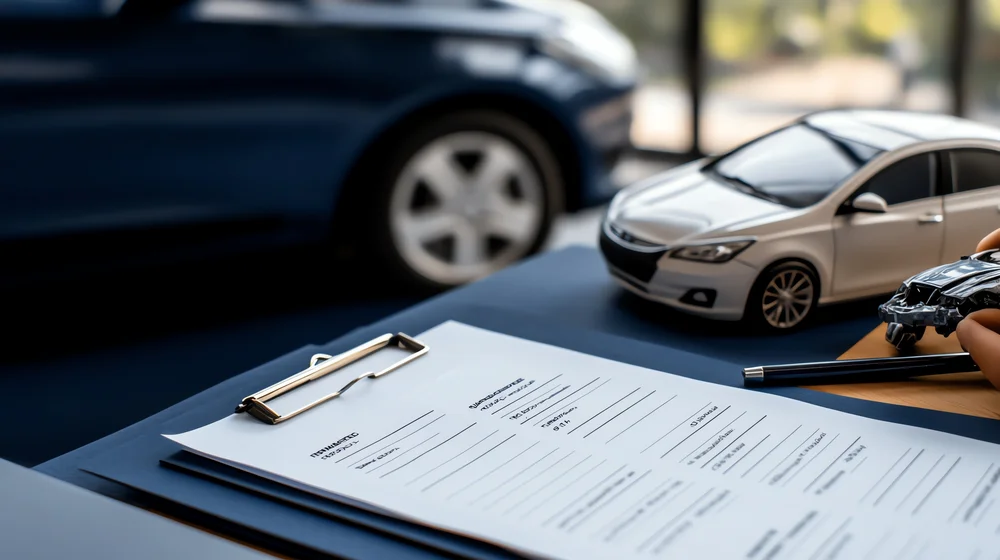 Ein Autoschlüssel und ein Klemmbrett mit Papieren liegen auf einem Tisch. Im Hintergrund ist ein Auto zu sehen. Dieses Bild steht für Autoverkauf, Autoversicherung oder Autofinanzierung.